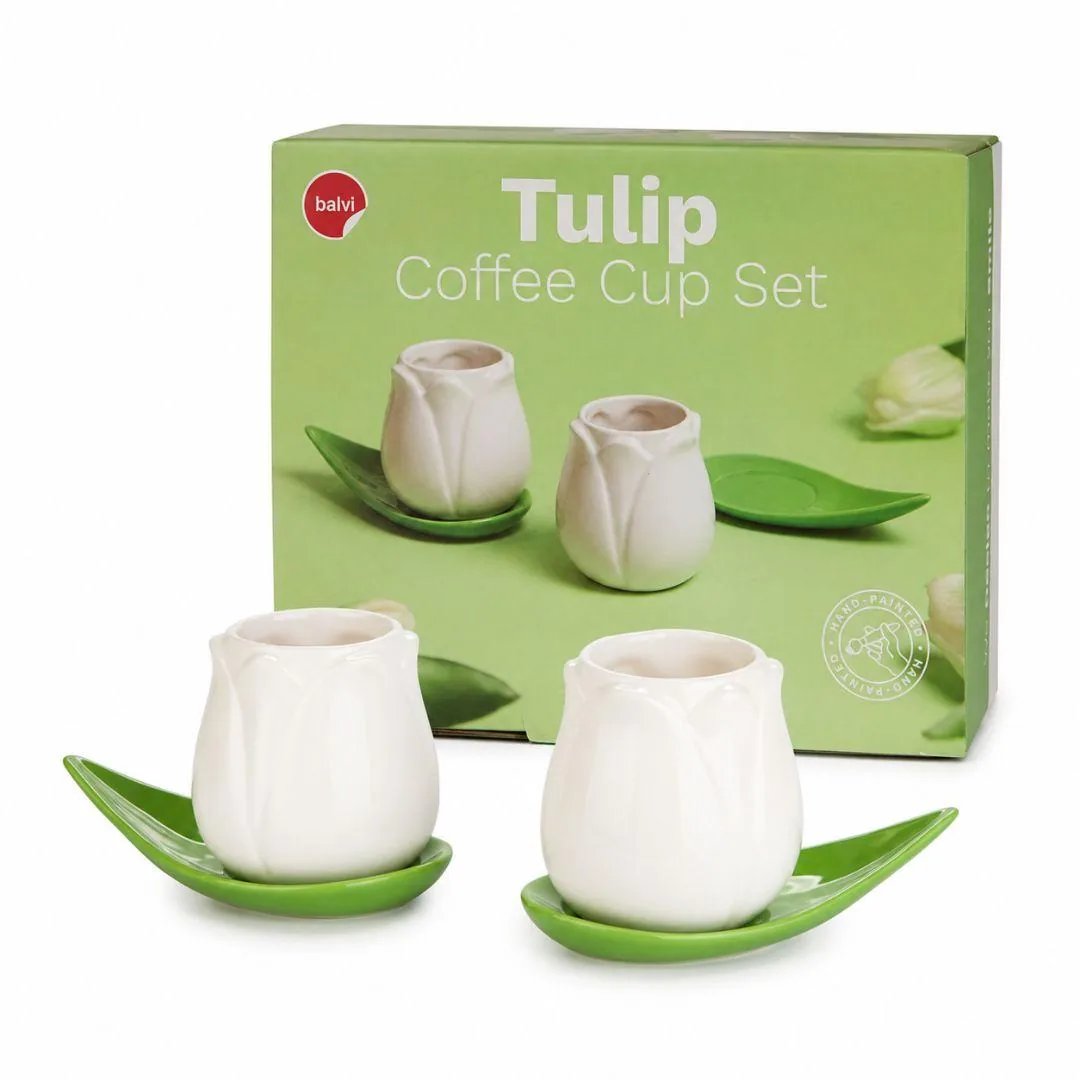 Set 2 tazze da caffè a forma di tulipano bianco con piattini a foglia in ceramica