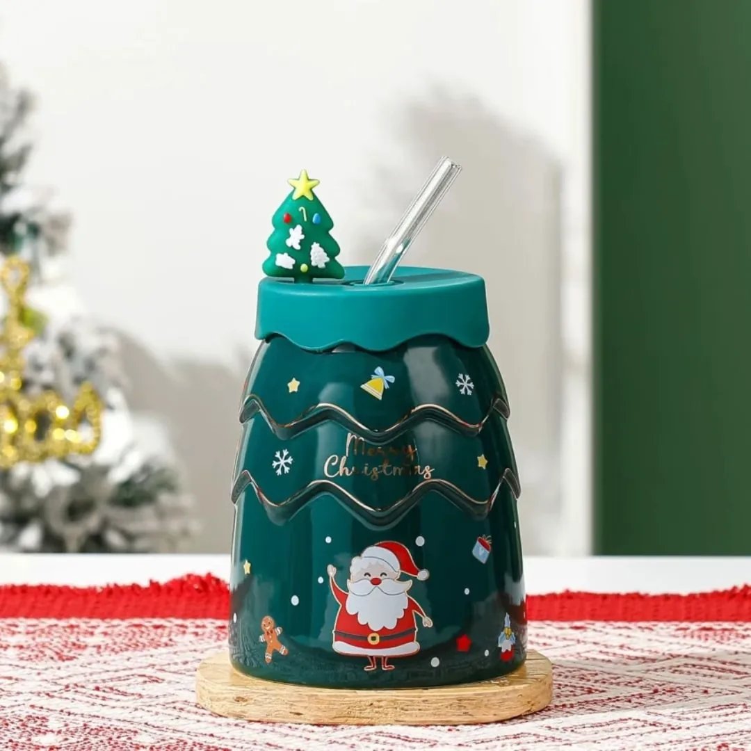 NataTazza Tazza di Natale Verde con coperchio in silicone e cannuccia 2