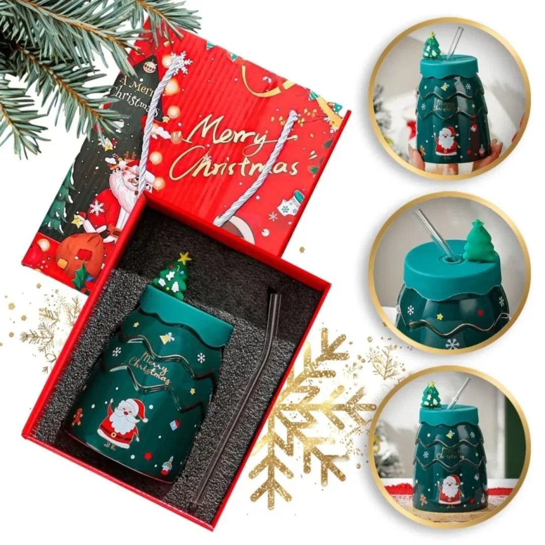 NataTazza Tazza di Natale Verde con coperchio in silicone e cannuccia