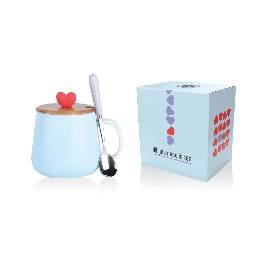 Mug con cucchiaino e coperchio Heart Light Blue