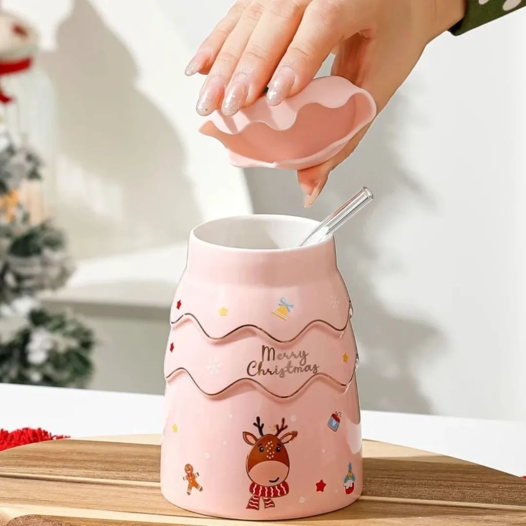 NataTazza Tazza di Natale Rosa con coperchio in silicone e cannuccia 2