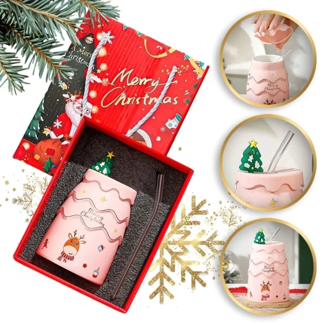 NataTazza Tazza di Natale Rosa con coperchio in silicone e cannuccia