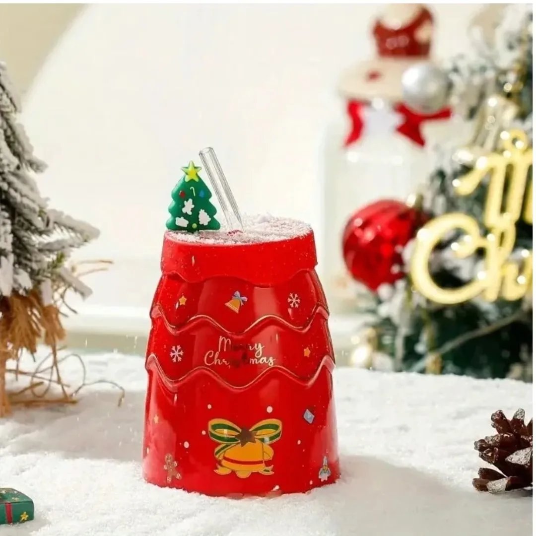 NataTazza Tazza di Natale Rossa con coperchio in silicone e cannuccia 2