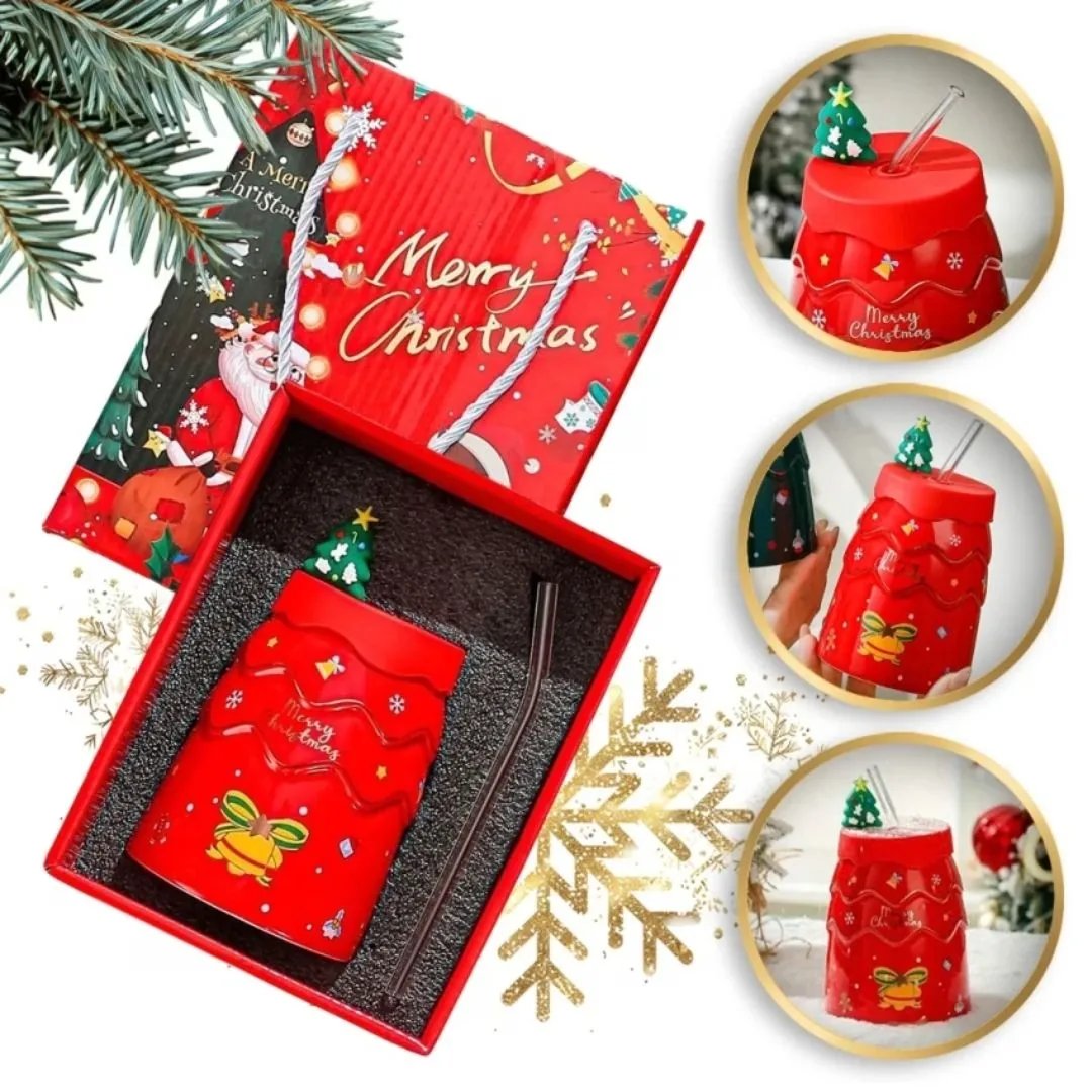 NataTazza Tazza di Natale Rossa con coperchio in silicone e cannuccia
