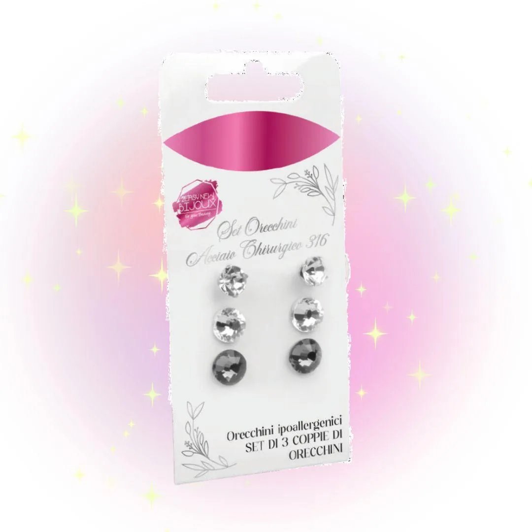 Set 3 Coppie Orecchini Acciaio Chirurgico 316 Punto Luce Nero