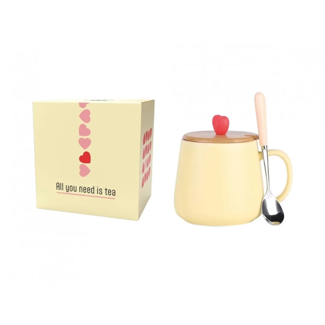 Mug con cucchiaino e coperchio Heart Yellow
